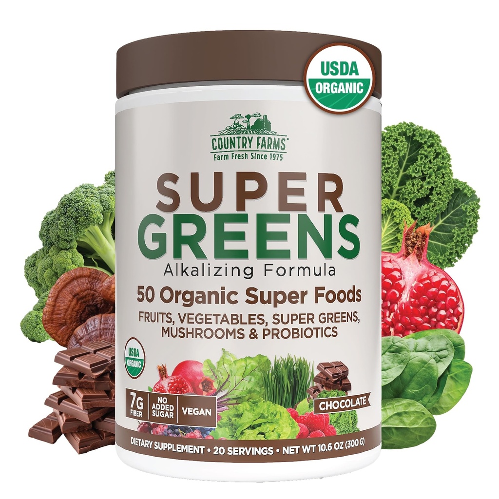 Country Farms Bio Super Greens Chocolate Flavor, 50 Bio Super Foods, USDA Bio Drink Mix, emballé avec fibre, Fruits, Légumes, Champignons et Probiotiques, Supports Énergie, 7g Fibre