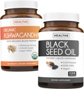 Bundle of Black Seed Oil & Organic Ashwagandha - Renew & Recharge Bundle - Black Seed Oil - 120 Soft-gel Capsules (Non-GMO & Vegetarian) en Organic Ashwagandha Root Powder 1350mg serveren (120 tabletten)