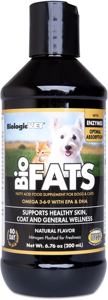 BiologicVET BioFATS - Bevat Omega's 3, 6 & 9 - met EPA, DHA & ALA - voor hond en kat - huid en gezamenlijke gezondheidsondersteuning - Inclusief vis, vlaszaad en olijfolie - 6,76 fl. oz.
