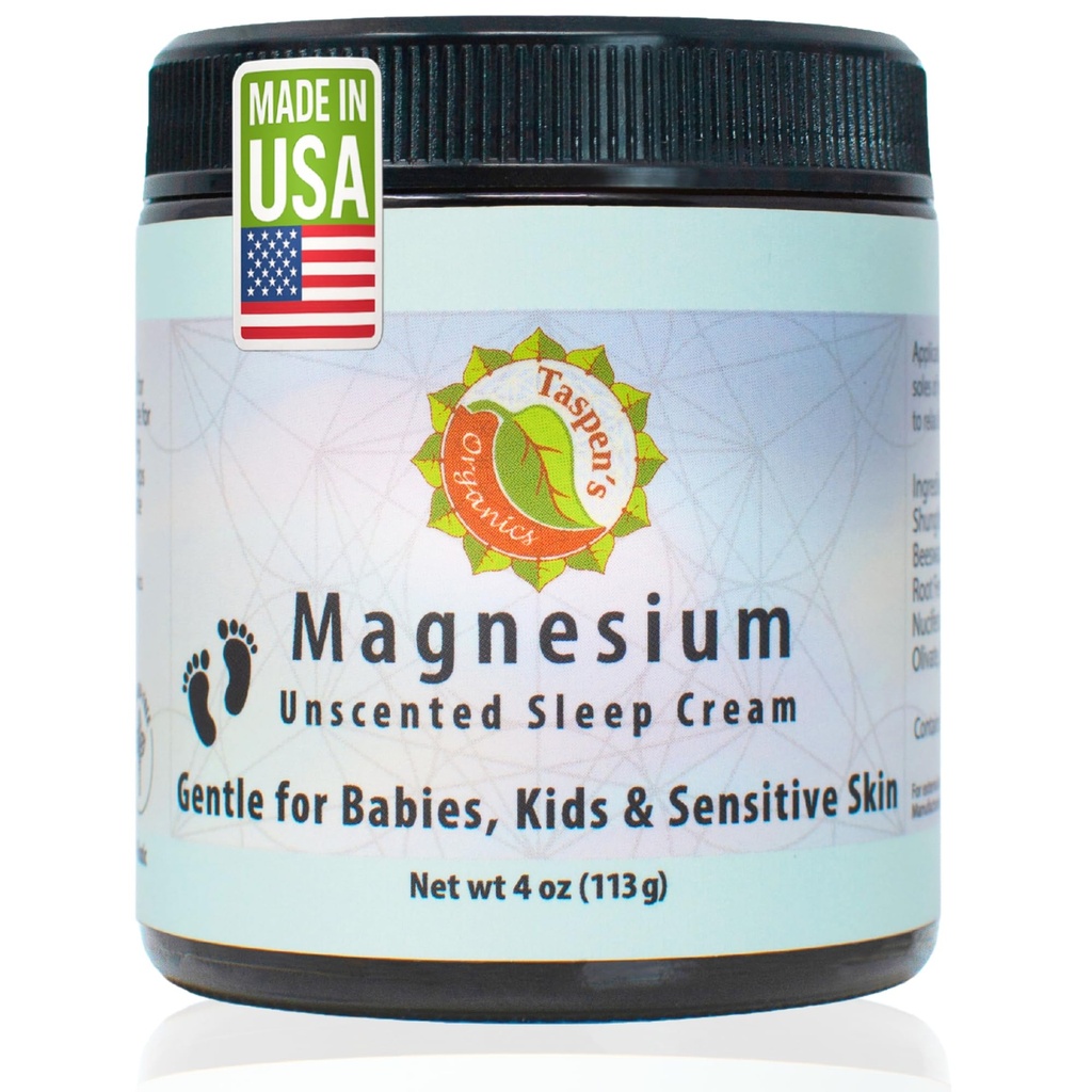 Taspen's Organics Magnesium Unscented Sleep Cream | Natural Nighttime Topical Magnesium for Babies, Toddlers, Kids & Pregnancy | Promotes Relaxation, Deep Sleep & Soothes Muscles (4 oz)