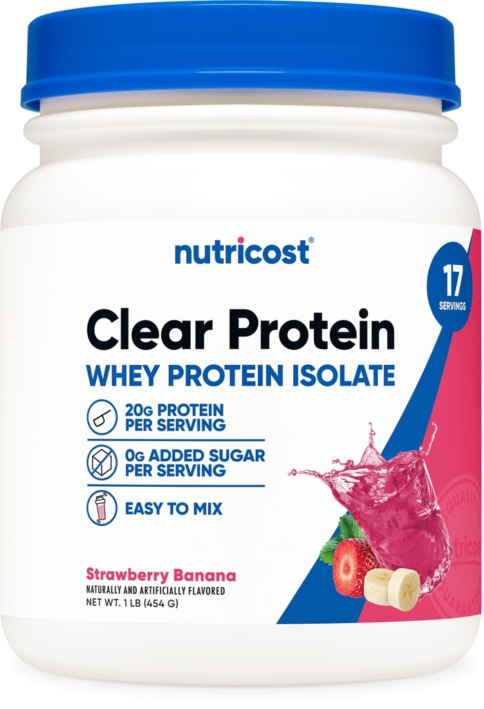 Nutricost Clear Whey Protein Isolate Powder (Strawberry Banana) 1 LB - 20g Protein Per Serving, Zero Added Sugar, Easy-Mix WPI Drink, Gluten-Free, GMO-Free, 17 Servings