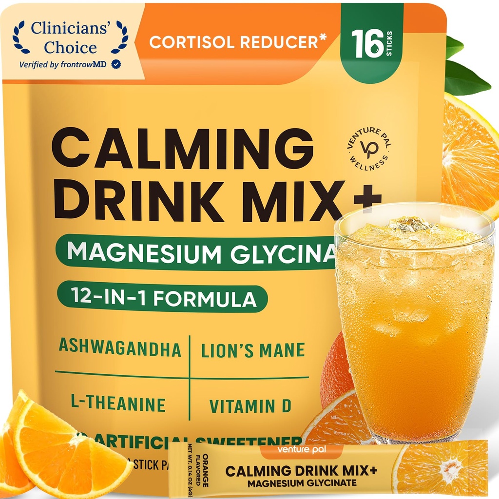 Venture Pal Calm Drink Mix, 12-in-1 Cortisol Reducer and Sleep Aid with Magnesium Glycinate, Ashwagandha, L-Theanine,Vitamin D, Calm Magnesium Powder for Relax & Focus, No Sugar, Non GMO