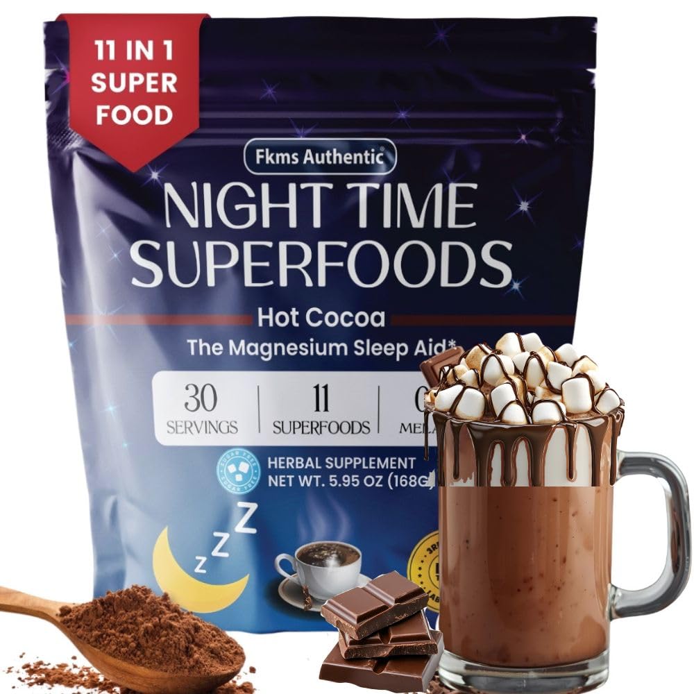 FKMS Authentic Nighttime Magnesium Hot Cocoa, Calming Melatonin-Free Sleep Support, Natural Sleep Aid Drink Mix for men & Woman - Hot Chocolate Powder with L-Theanine, Chamomile and Zinc, Magnesium Glycinate, 5.95 oz