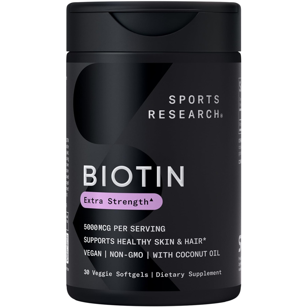 Sportonderzoek® Biotine 5.000 mcg met biologische kokosolie - Biotine (Vitamine B7) voor gezonde huid- en haarondersteuning* - voor vrouwen en mannen - Veganistisch, non-GMO, Gluten & Sojavrij - 30 Veggie Softgels