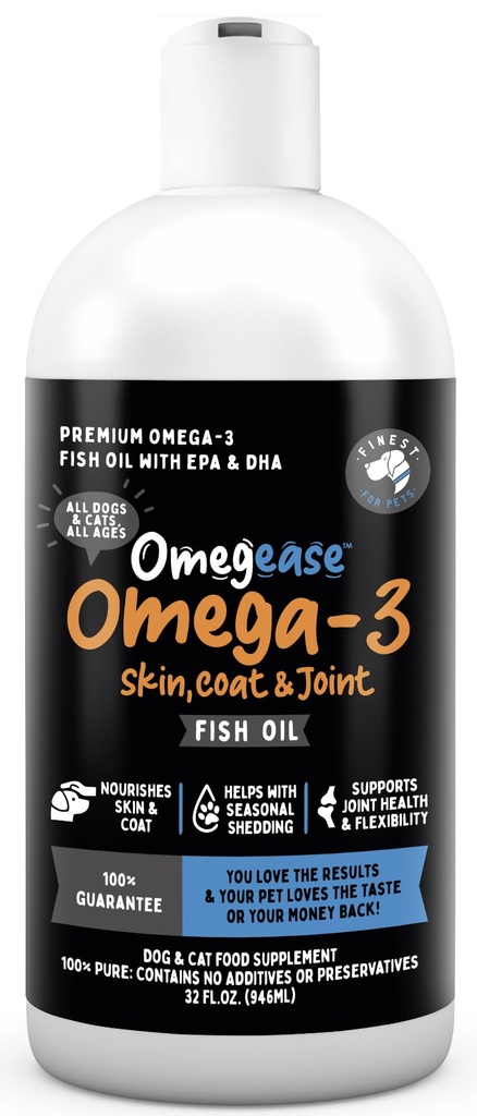 Omegease Visolie voor honden en katten - Finest for Pets Omega 3 for Cats & Dogs - Supplement for Skin & Coat, Jetching, Shdding, Joints & Immune Health - 100% Pure Omega Fish Oil with EPA & DHA (32 oz)
