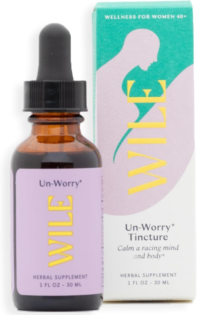 WILE Un-Worry Tincture for Women - Calm, Focus & Mood Support Supplement Liquid with Holy Basil, Bacopa & Reishi, Herbal Perimenopause, Menopause, Hormonal Support Drops for Stress, 1fl oz