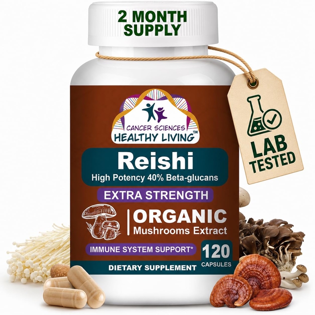 CANCEER WETENSCHAPPEN Reishi Wellness Mushroom Supplement Capsules, USDA Certified Organic Paddestoelen Extract, Extra sterkte 1500 mg, Hoge sterkte 40% Beta-Glucans, Immune Support, Anti-aging, 120 Capsules