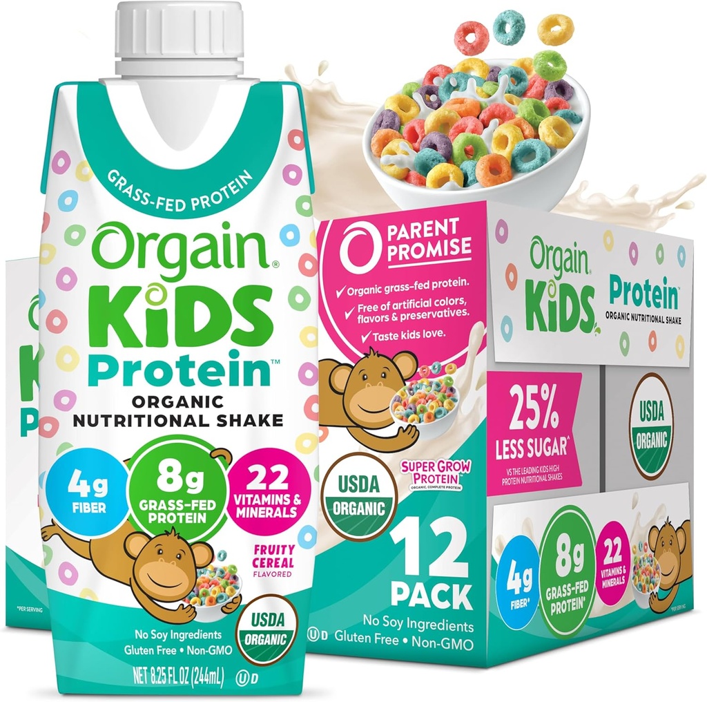 Orgain Organic Kids Nutritional Protein Shake, Fruity Cereal - Kids Snacks with 8g Dairy Protein, 22 Vitamins & Minerals, Fruit & Greentes, Gluten Free, Soy Free, Non-GMO, 8,25 Fl Oz (Pack of 12)