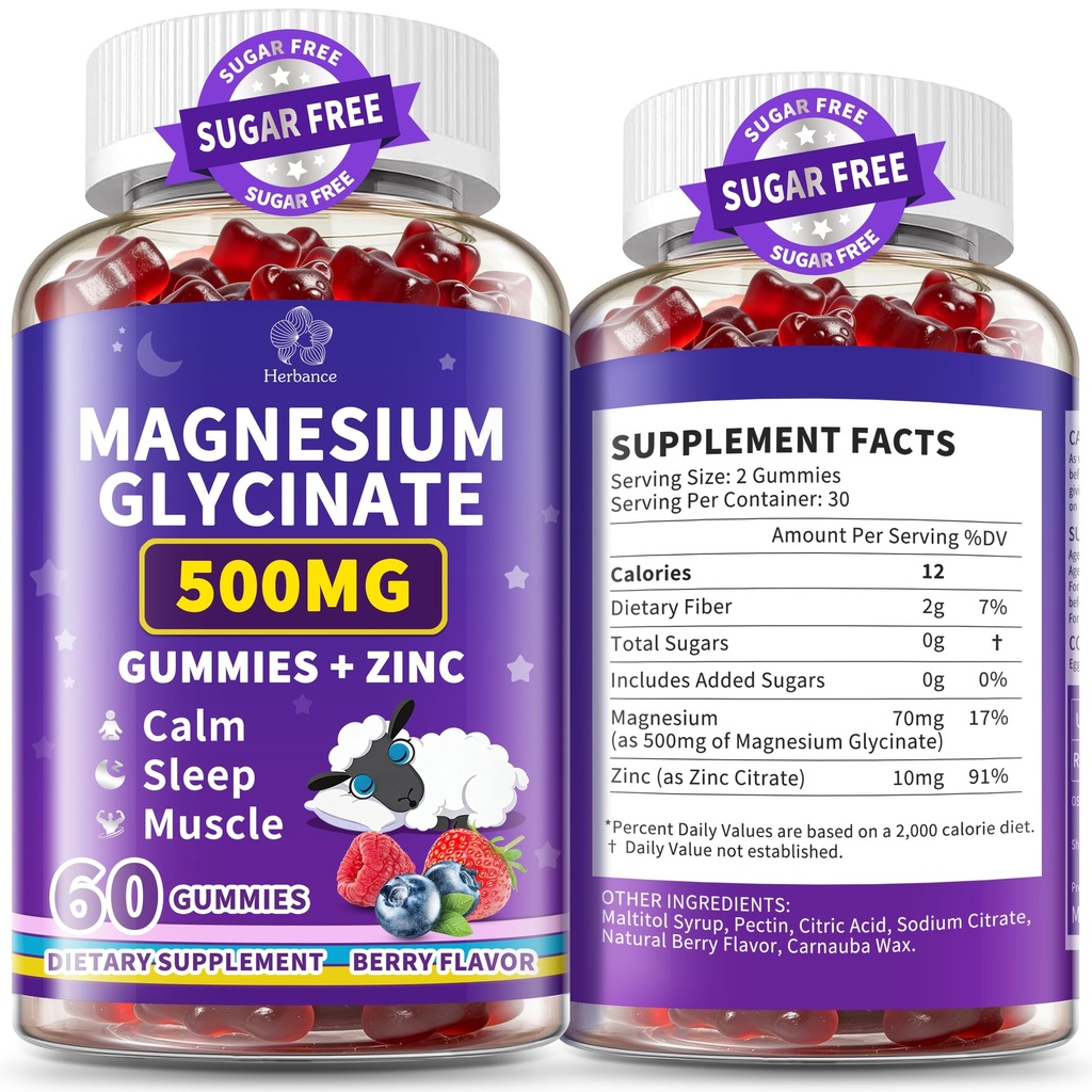 （2 Packs） Magnesium Glycinate Gummies 500mg, High Absorption Magnesium Bisglycinate Supplement for Women, Men and Kids, Muscle and Relaxation Support, Sugar Free, Vegan,Berry Flavor