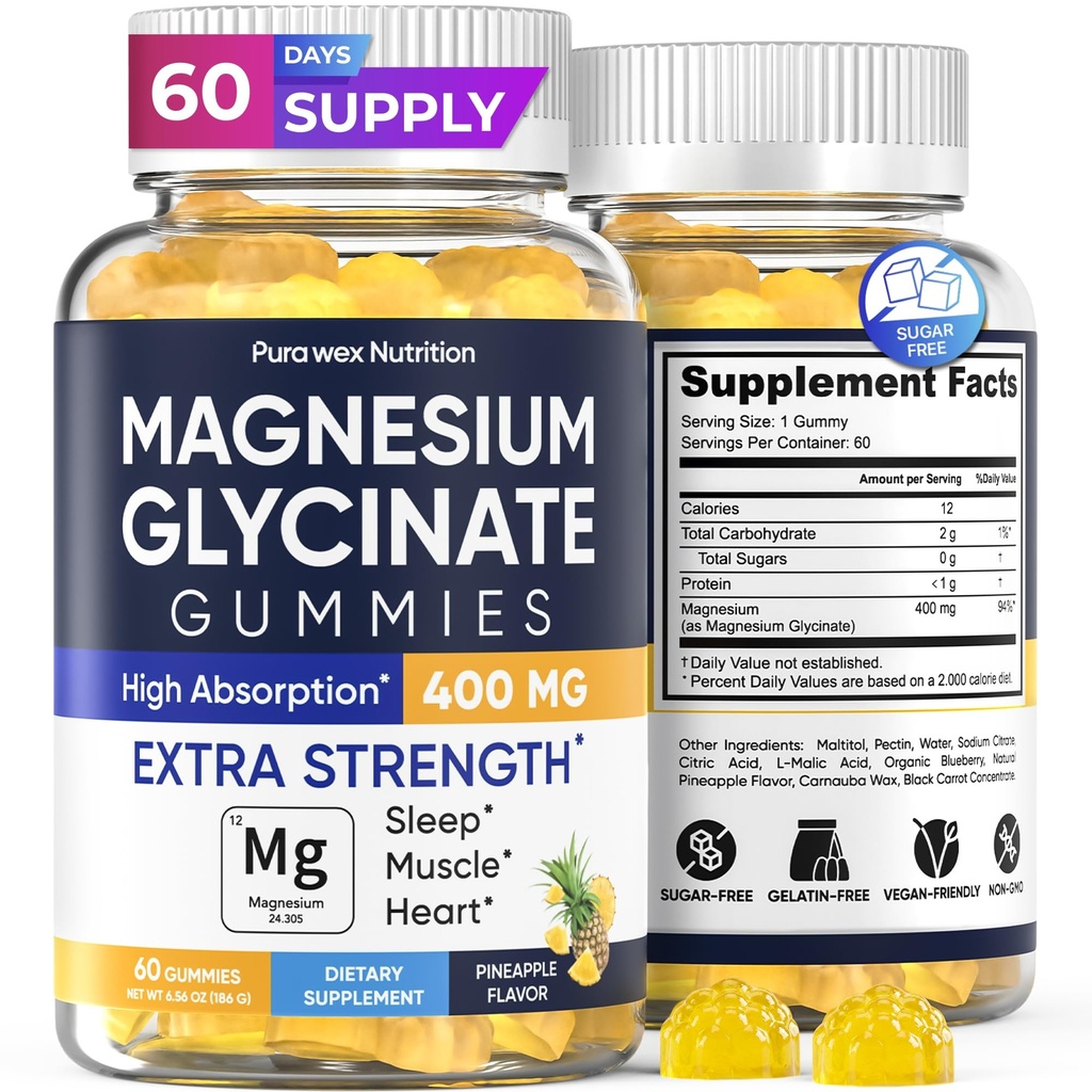 Magnesium Glycinate Gummies 400mg, High Absorption Magnesium Supplement for Women, Men and Kids, Muscle Support and Relaxation, Sugar Free, Vegan, 60 Days Supply