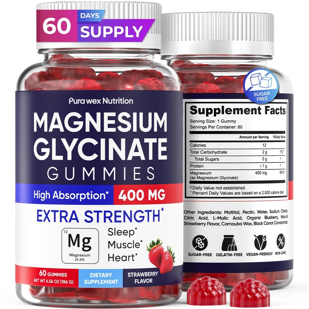 Magnesium Glycinate Gummies 400mg Extra Strength, Strawberry Flavor (60 Count) - Sugar-Free Supplement for Adults, Kids, Women & Men, Muscle & Relaxation, High Absorption Vegan Chewable