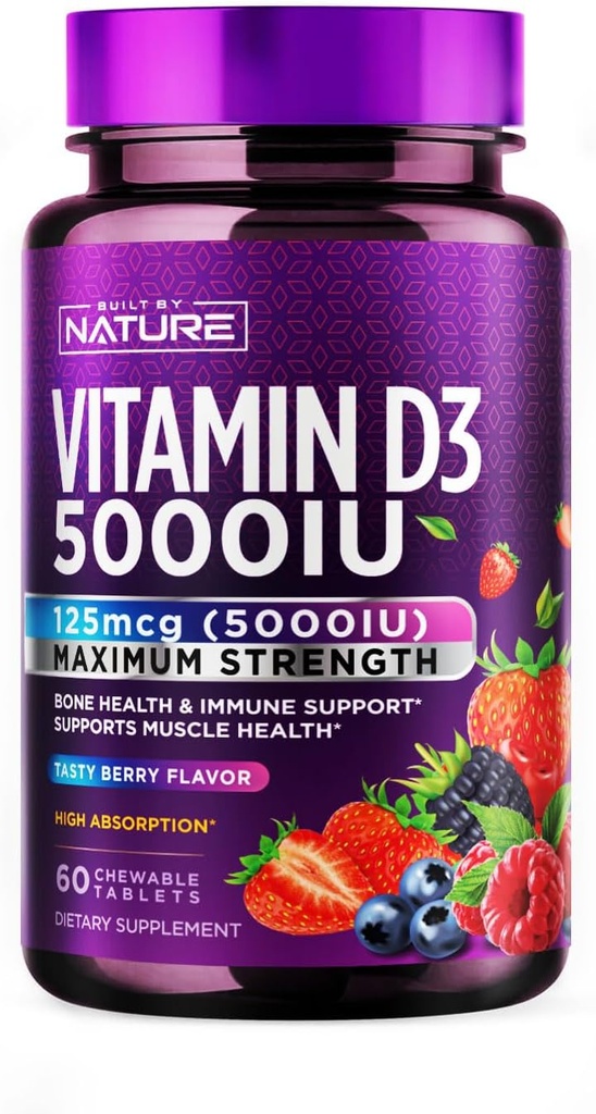 Gebouwd door de natuur Kauwbare vitamine D3 5000 IE - Vitamine D Supplement Kauwt suikervrij en natuurlijke Berry smaak - 60 tabletten