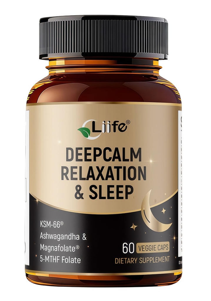 LIIFE DeepCalm Relaxation & Sleep, 60 Veggie Capsules | Sleep Supplement with KSM-66 Ashwagandha, GABA, L-Theanine & 5-MTHF Folate，Supports Calm Mood & Healthy Sleep Cycle