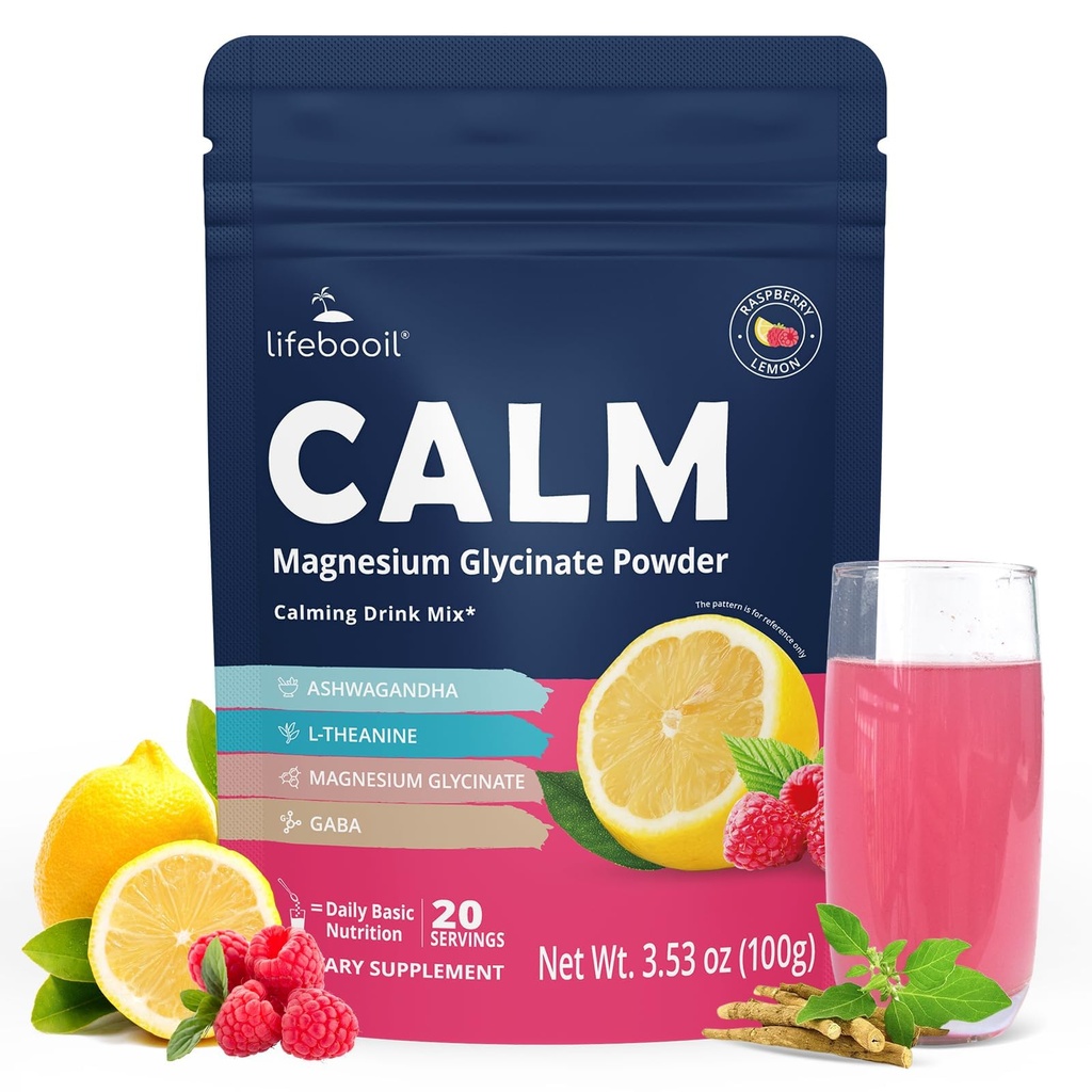 Calm Magnesium Powder, Calm Drink Mix with Magnesium Glycinate, Ashwagandha, Prebiotics, GABA, Vitamin D, L-Theanine, Sugar-Free Calm Support for Sleep, Stress & Relaxation | 20 Servings