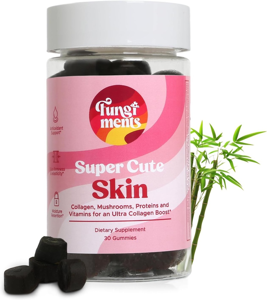 Fungiments Super Mignon - Supplément Champignons - Chaga Champignons, Biotine, Collagène Peptides, Keratine, Vitamine C, Extrait de bambou - Peau saine et rides lisses (30 Gommies de champignons)