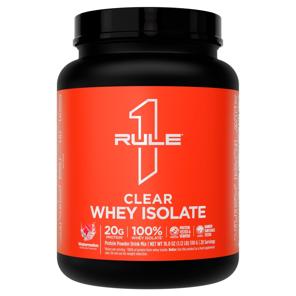 Rule 1 Proteins Clear Whey Isolate, Watermelon, 20 Servings | 20g All-Whey Isolate Protein Mix, Over 9g EAAs, 90 Calories, Zero Sugar, Easy to Digest, Light, Crisp, and Refreshing Taste