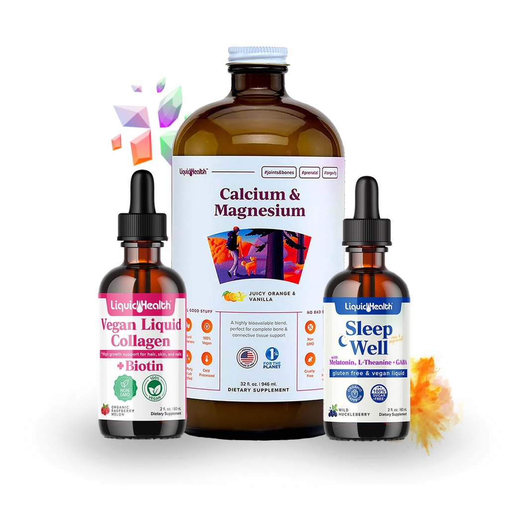 LIQUIDHEALTH Vegan Beauty Sleep Vitamin Supplement Bundle with Vegan Liquid Collagen + Biotin, Calcium Magnesium & Sleep Well Melatonin Drops for Hair/Skin/Nail Health & Relaxation - USA Made