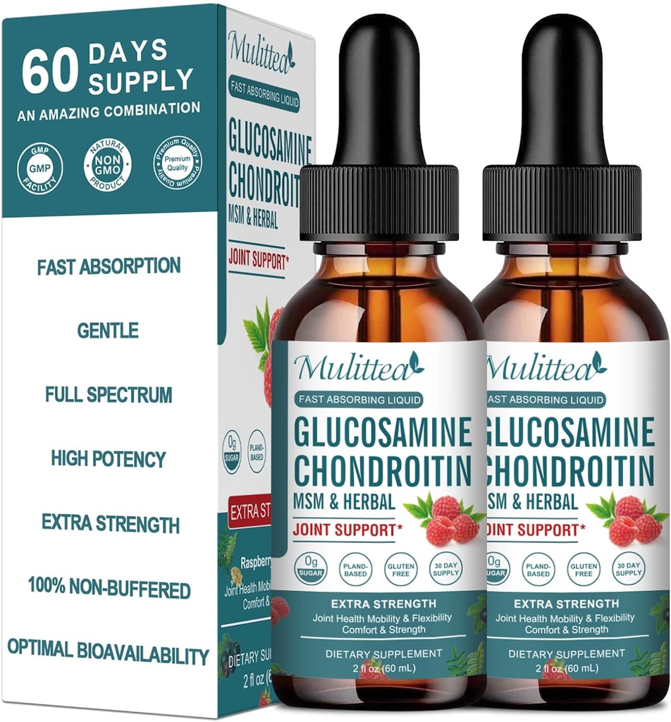 (2 Pack) Glucosamine Chondroitin MSM Liquid Drops - Extra sterkte Joint Support Supplement met Vlierbes, Boswelia, Bromelain, Hyaluronzuur - Antioxidant Immune Ondersteuning voor volwassenen, mannen en vrouwen