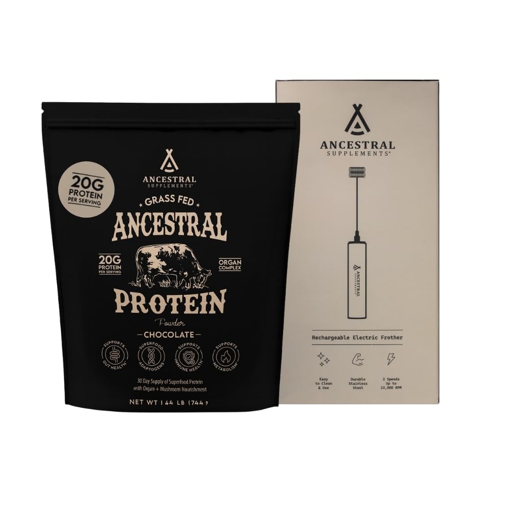 Ancestral Supplements Colostrum Bundle & Frother Wand – Grass Fed, Pasture Raised Organ Blend with Bioactive Colostrum, Rechargeable Electric Frother Wand (Double Whisk, Stainless Steel)