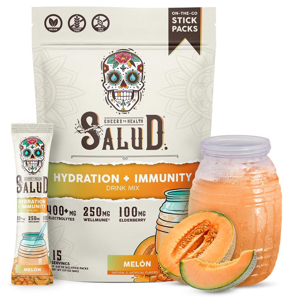 Salud 2-in-1 Hydration Packets + Immunity Electrolytes Powder, Melón - Agua Fresca Drink Mix, Elderberry, Dairy & Soy Free, Non-GMO, Gluten Free, Vegan, Low Calorie, 1g Sugar (15 Servings)