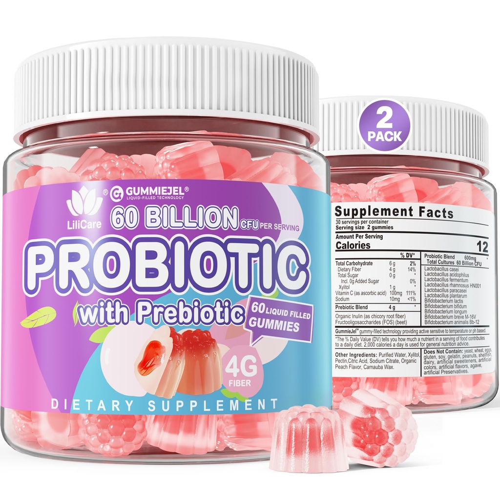 2Pack Probiotics + Prébiotiques Gummies Sans sucre 60 Million CFU, 11 souches Probiotiques remplis de gummies pour les femmes hommes santé digestive et la santé de Gut, soutient la constipation, la diarrhée, le gaz et le blottis