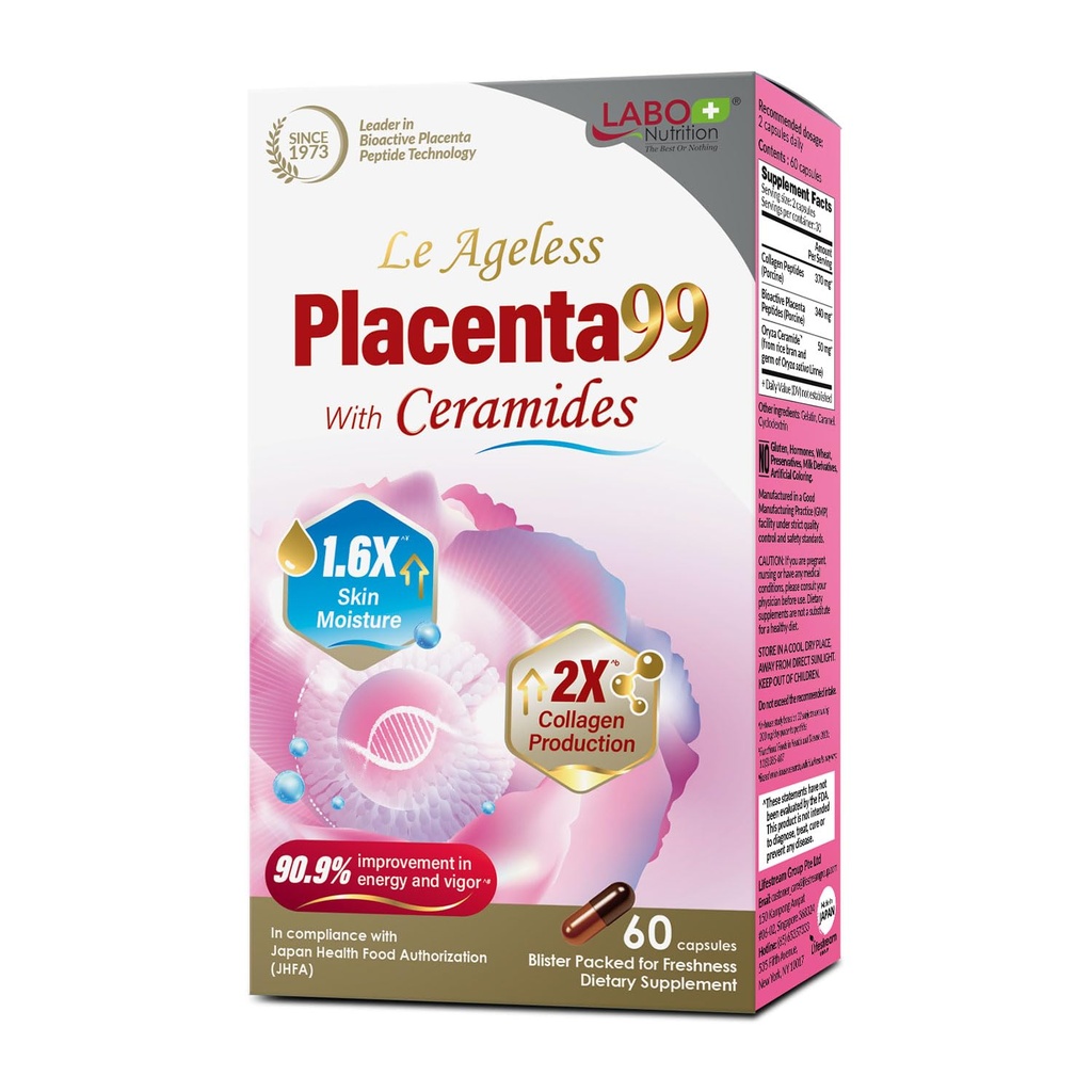 LABO Nutrition Le Ageless Placenta 99 with Oryza Ceramides - Cellular Supplement with Collagen Peptides - Supports Skin Firmness, Healthy Moisture & Youthful Appearance - 60 Capsules