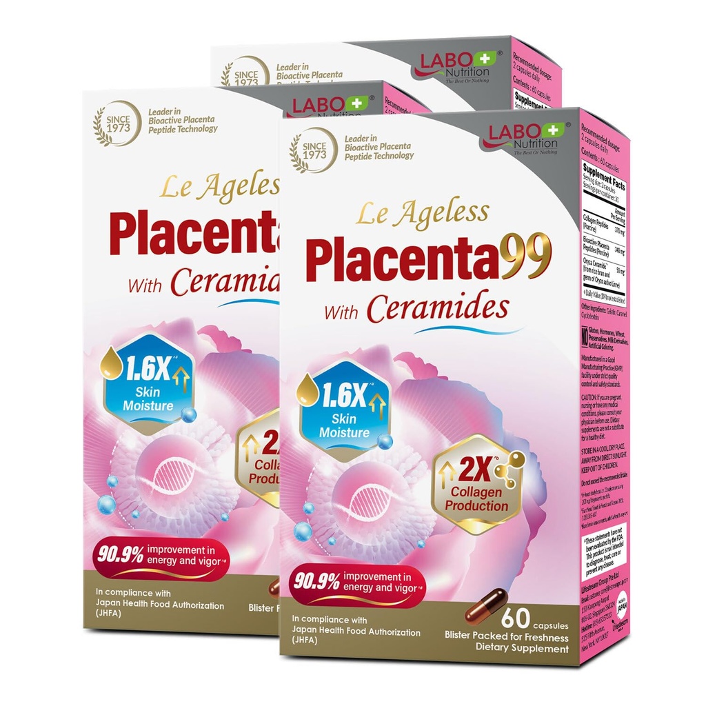 LABO Nutrition Le Ageless Placenta 99 with Oryza Ceramides - Cellular Supplement with Collagen Peptides - Supports Skin Firmness, Healthy Moisture & Youthful Appearance - 60 Capsules x3