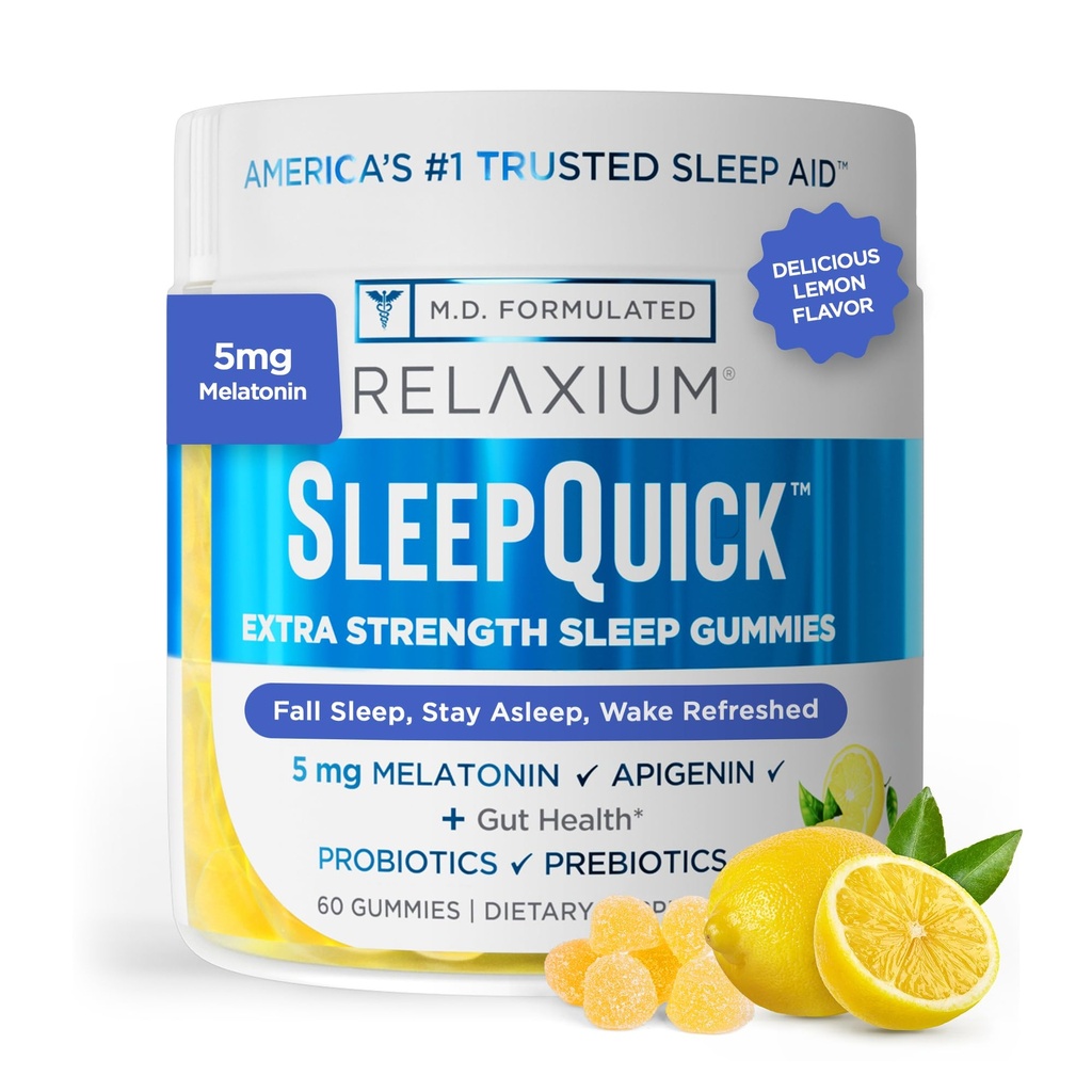 Relaxium Snel slapen Gummy, slaaphulp ondersteuning, 5 mg Melatonine, Vitamine D-3, Prebiotische & Probiotische Blend, Gluten & Drugvrij, Citroen smaak, 60 Gummies