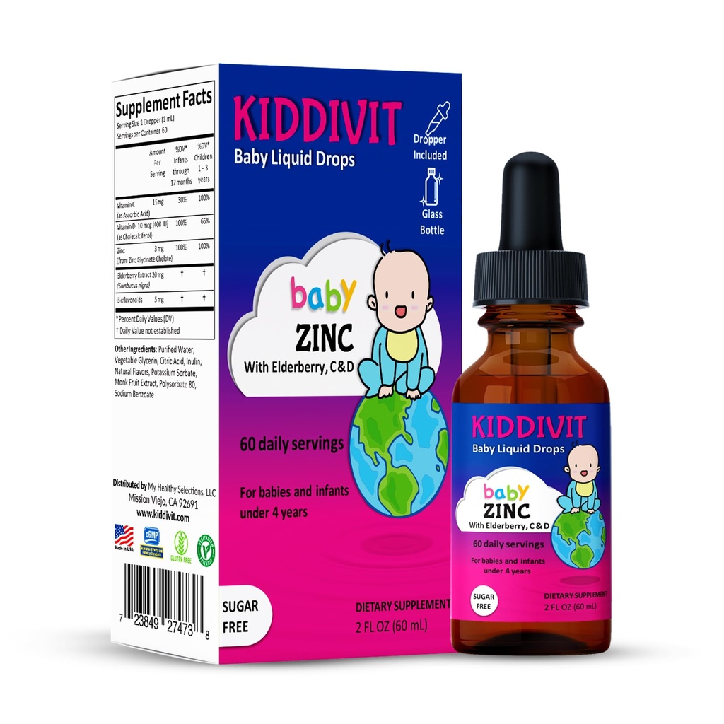 Kiddivit Baby Zink Liquid Drops met vlierbes, vitamine D3 & C 