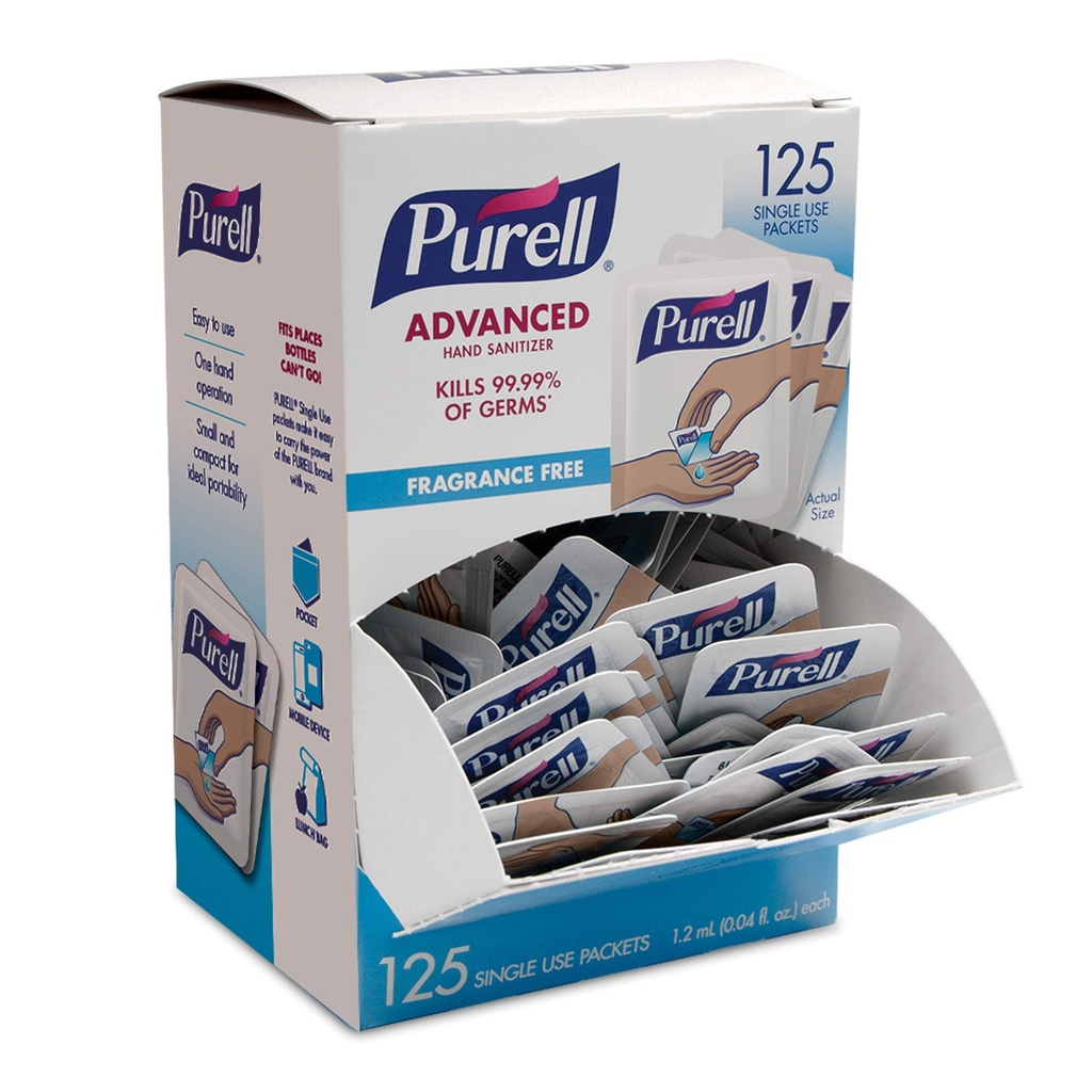 PURELL SINGLES Advanced Hand Sanitizer Gel, Fragrance Free, 125 Count Single-Use Travel-Size Packets - 9620-12-125EC (Pack of 1)