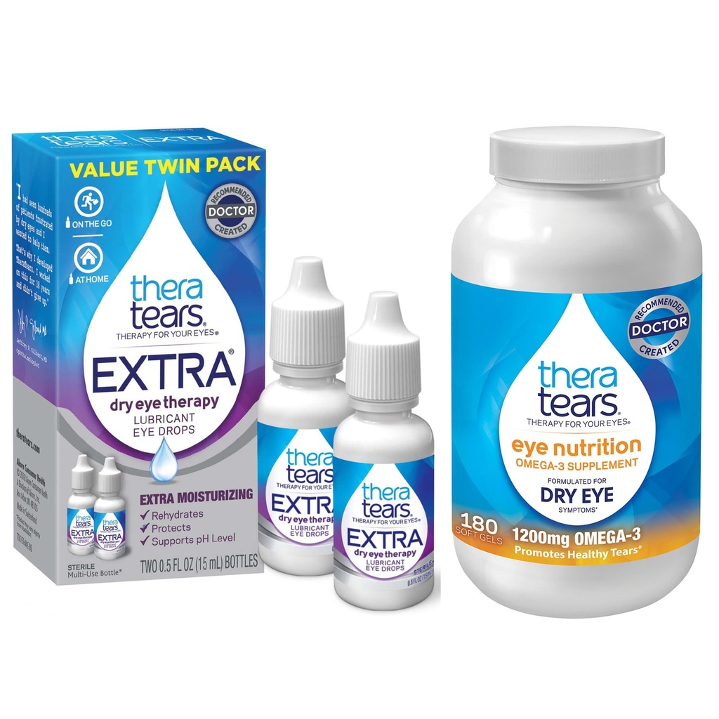 TheraTears 1200mg Omega 3 Supplement voor Oog Voeding, Biologische Vlaszaad triglyceride Visolie en Vitamine E, 180 Tel met Thera Tears Oogdruppels voor droge ogen, 0.5 Fl Oz, 15 Ml, 2 Pack