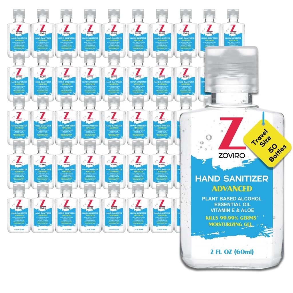 Zoviro Hand Sanitizer Gel, 2 Fl Oz Flip-Cap Bottle, Moisturizing with Essential Oils and Aloe, Refreshing Scent, Rinse-Free Formula, Mini Hand Sanitizer Travel Size (Pack of 50)