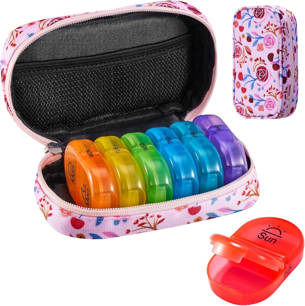Serfeymi Weekly Travel Pill Organizer 2 keer Een dag AM PM Geupgraded Regenboog Pill Box 7 dag met Portable Zipper Canvas Pill Case, Medicine Organizer voor pillen, Vitaminen, Visolie - Roze 01