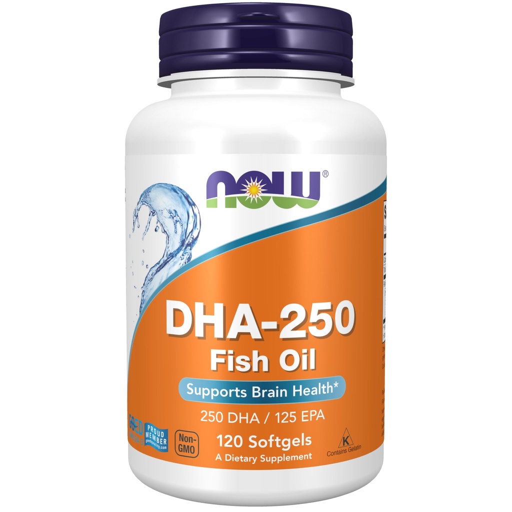 NOW Foods Supplements, DHA-250 met 125 EPA, Molecuully Distilled, Ondersteunt Brain Health*, 120 Softgels