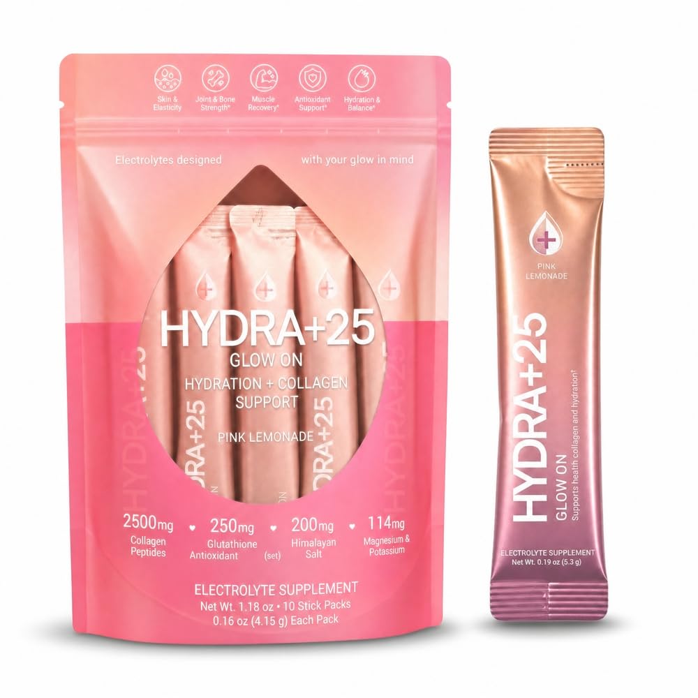 Hydra+25 Sugar Free Pink Lemonade Electrolyte Drink Mix Packets, 10 Ct Pack | Sugar Free Pink Lemonade Hydration Drink Mix Packets with Collagen Peptides and Electrolytes for Convenient Active Hydration