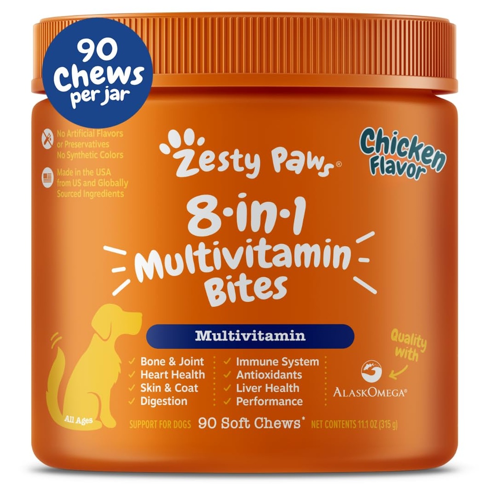 Zesty Paws Honden Multivitamine, Kauwbare Honden Vitaminen en Supplementen voor Hip & gewrichten, Huid & Coat, Omega 3 Visolie voor honden Senior & Puppy Multivitamine-Kip 90ct