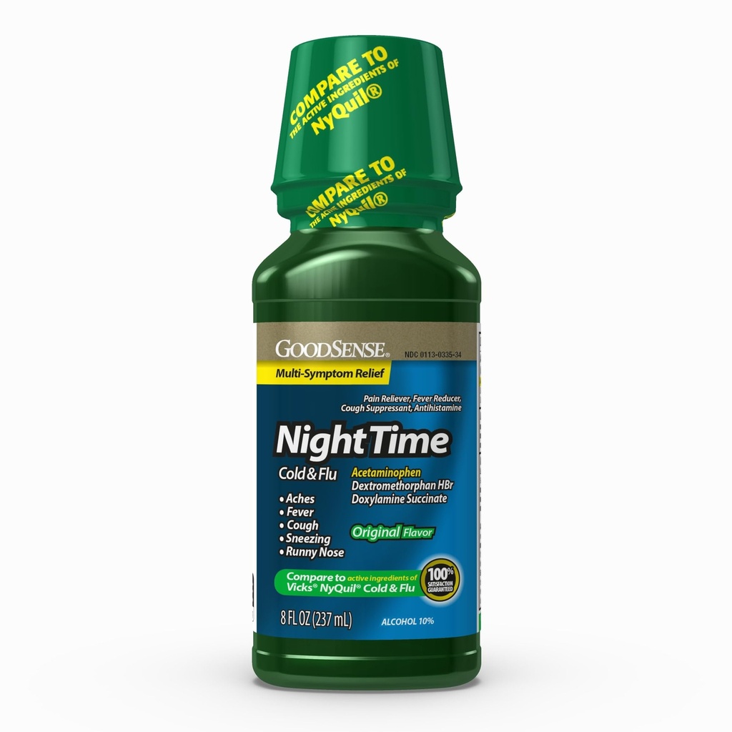 GoodSense Nighttime Cold & Flu Relief, Pain Reliever, Fever Reducer, Cough Suppressant & Antihistamine, Effective Multi-Symptom Relief, 8 Fl Oz, Green