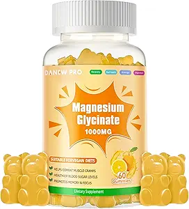 Magnesium Glycinate Gummies 1000mg - Suikervrij Magnesium Kalium Supplement met Vitamine D, B6, CoQ10 voor Kalm Mood & Slaap Ondersteuning - 60 Oranje Gummies