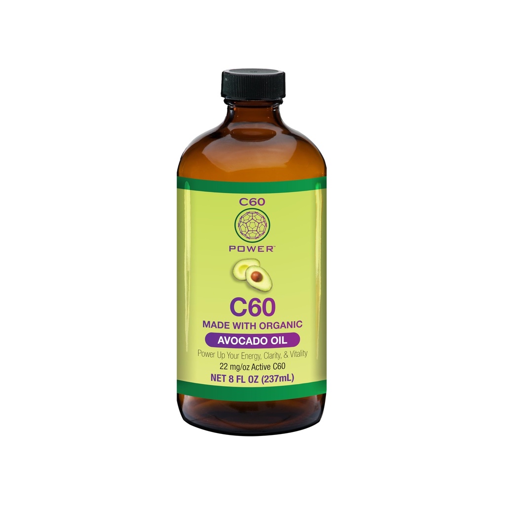 C60 Puissance - AVO 8-oz.- Huile d'avocat biologique, 8 Fl Oz, 99,99 % Fullérérènes au carbone pur, charge oxydative de levage, fonction mitochondriale optimisée