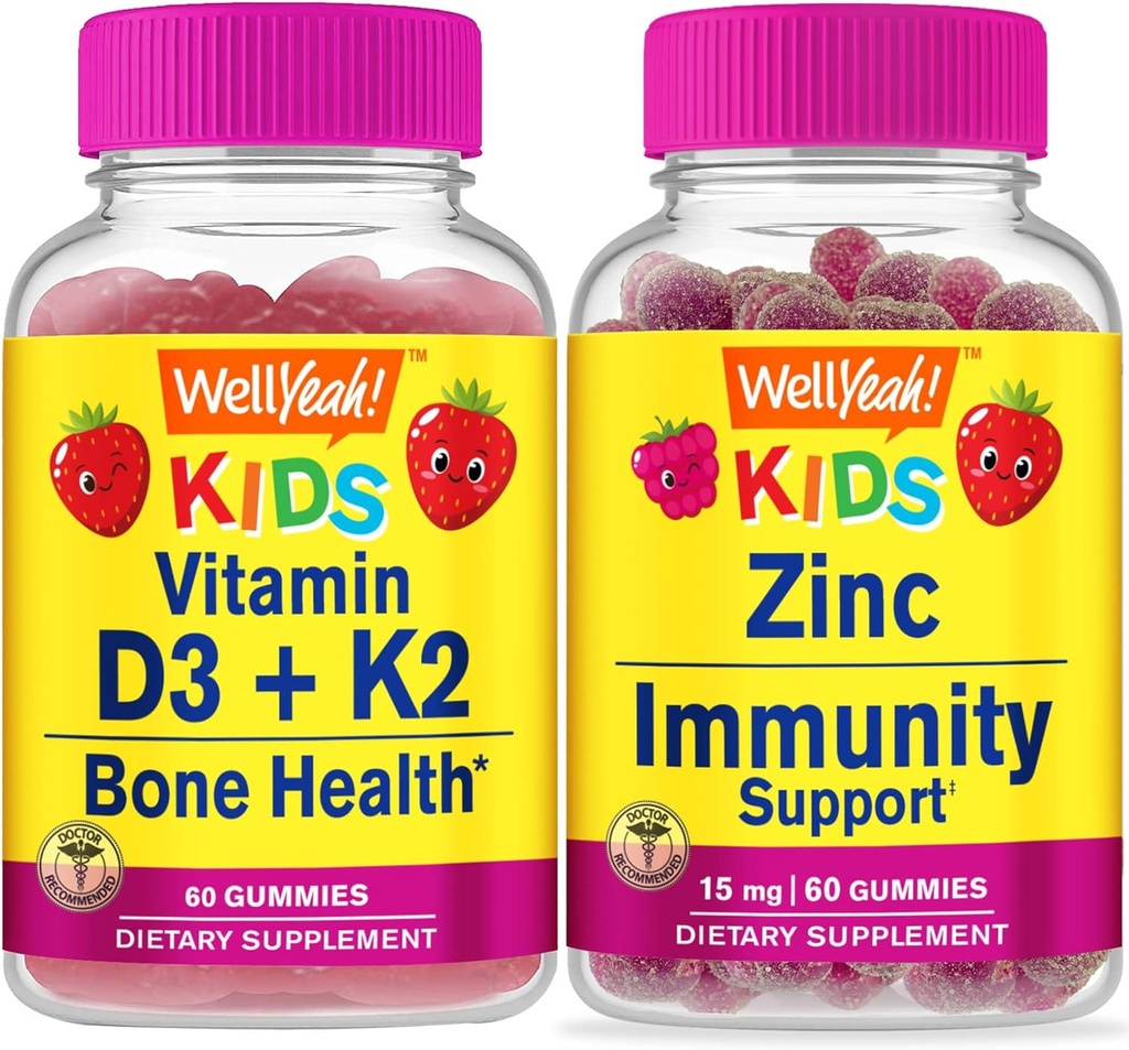 WellYeah Vitamine D3+K2 Kids + Zink Kids 15mg, Gummies Bundle - Grote Proeverij, Vitamine Supplement, Glutenvrij, GGO-vrij, Kauwgom