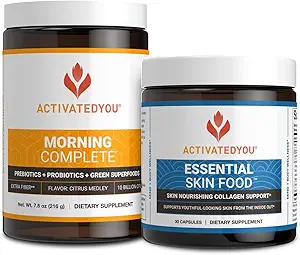 ACTIVATHYOU Morning Complete Prebiotica, Probiotica, Green Superfoods (Citrus Medley) + Essential Skin Food Collageen, Elastin Support, 30 Servers