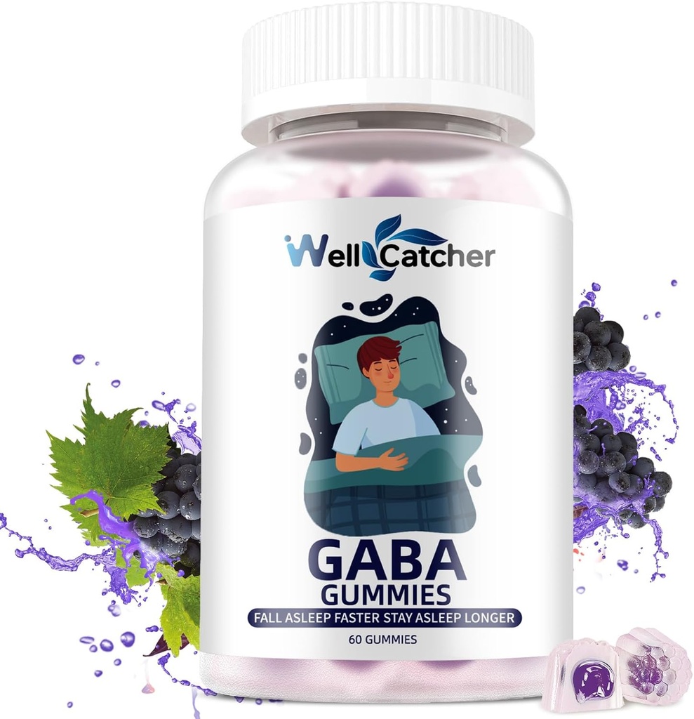 GABA supplement Gummies 500mg: Kauwbare GABA L-theanine supplement Gummies voor volwassenen Kids Non Melatonine slaaphulp Kalmte geest met 5-HTP voor stress verlichting Zzz Betere suikervrije druivensmaak 60CT