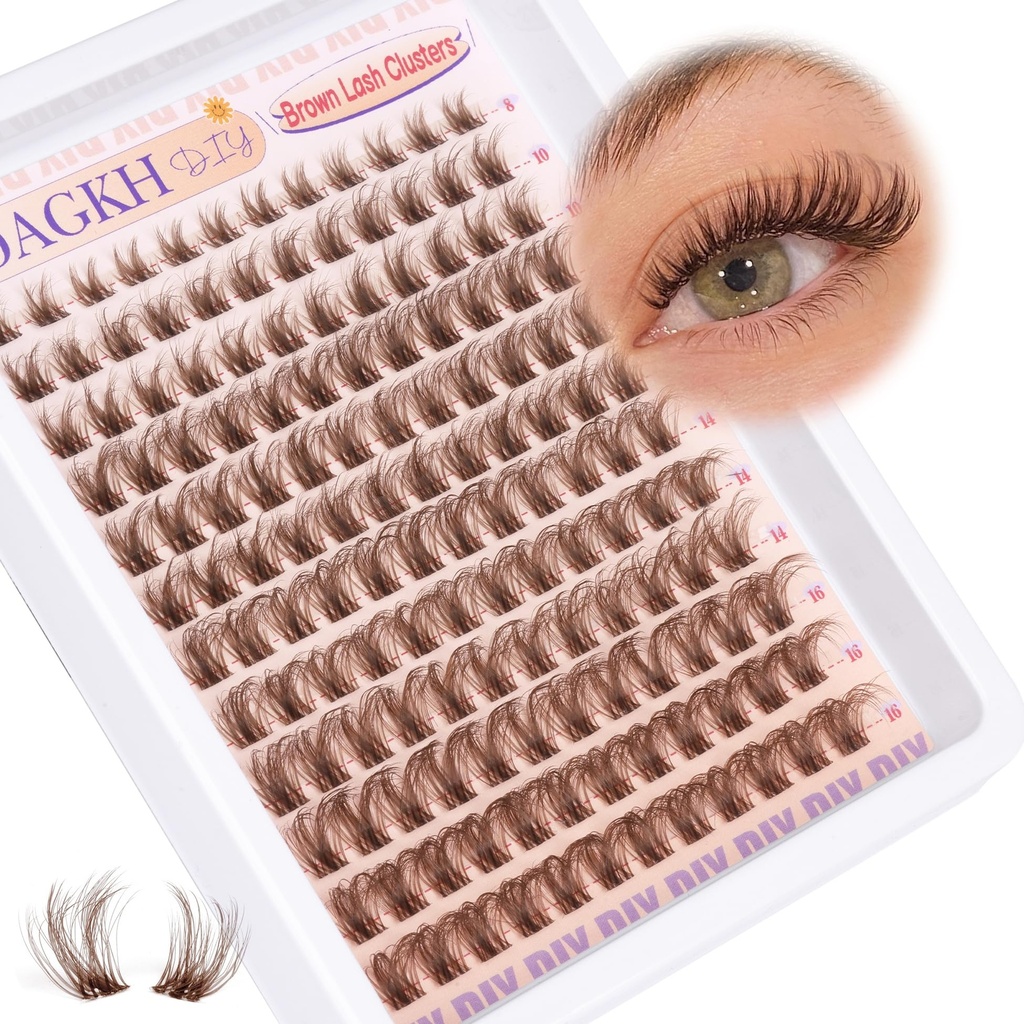 Brown Lash Clusters Natural Eyelash Clusters Invisible Band Wispy Lash Extension 8-16mm D Curly Cluster Eyelash Extensions Clear Band Individual Clusters Lashes DIY Volume Dark Brown Eyelash Extension