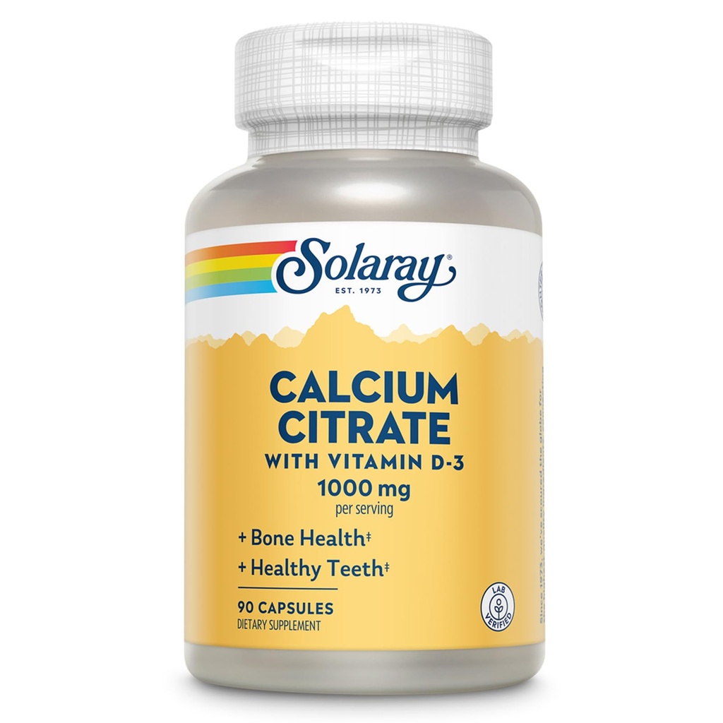 Solaray Calcium citraat met vitamine D3 1000mg - Bone Strength and Healthy Teeth Support - Gentle Digestion Formula - Lab geverifieerd, 60 dagen garantie - 15 porties, 90 capsules