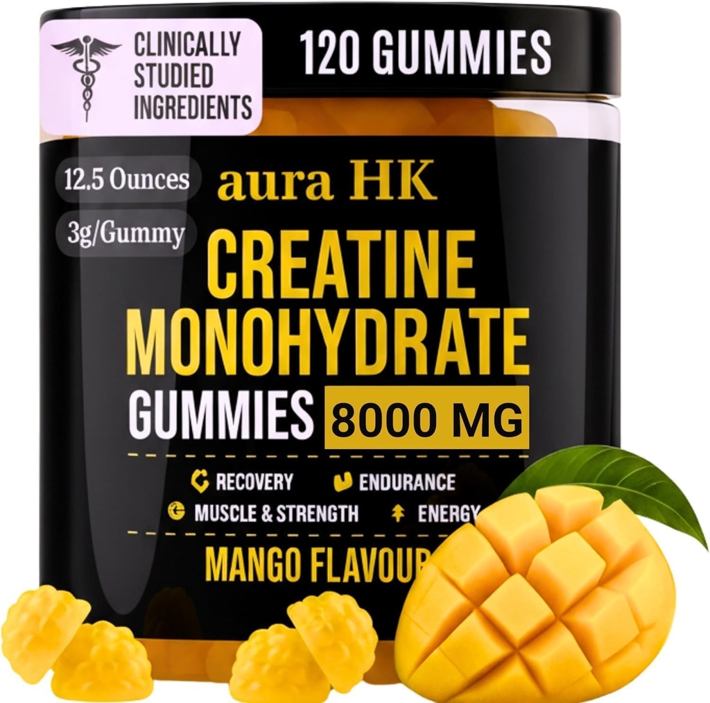 Sugar Free Creatine Monohydrate Gummies 8000mg Per Serving for Men & Women, Mango Flavour, Vegan 5000mg Creatine, BCAA, Taurine, L-Carnitine, Vitamins B12 & B6 Strength, Focus & Endurance, 120 Gummies