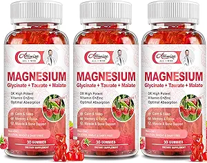 3Pack Magnesium Glycinate Gummies, Magnesium Kalium Supplement met Taurate, Malate, Body Support en Ontspannen, Raspberry Magnesium Gummies voor volwassenen
