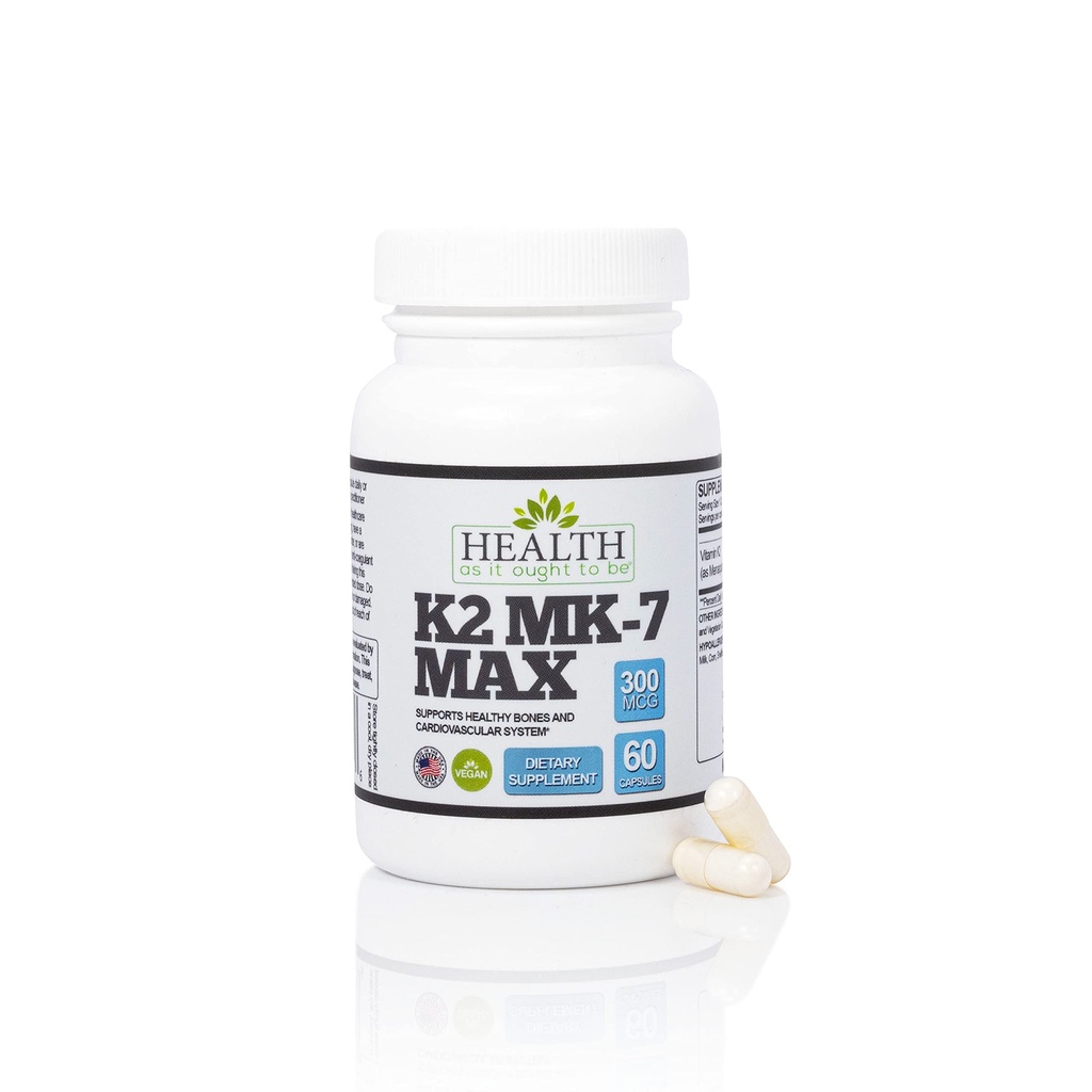 Gezondheid zoals het moet zijn vitamine K2 MK7 MAX Extra sterkte 300 mcg Supplemeny Sojavrij, bewezen biologische beschikbaarheid en veiligheid 60 capsules