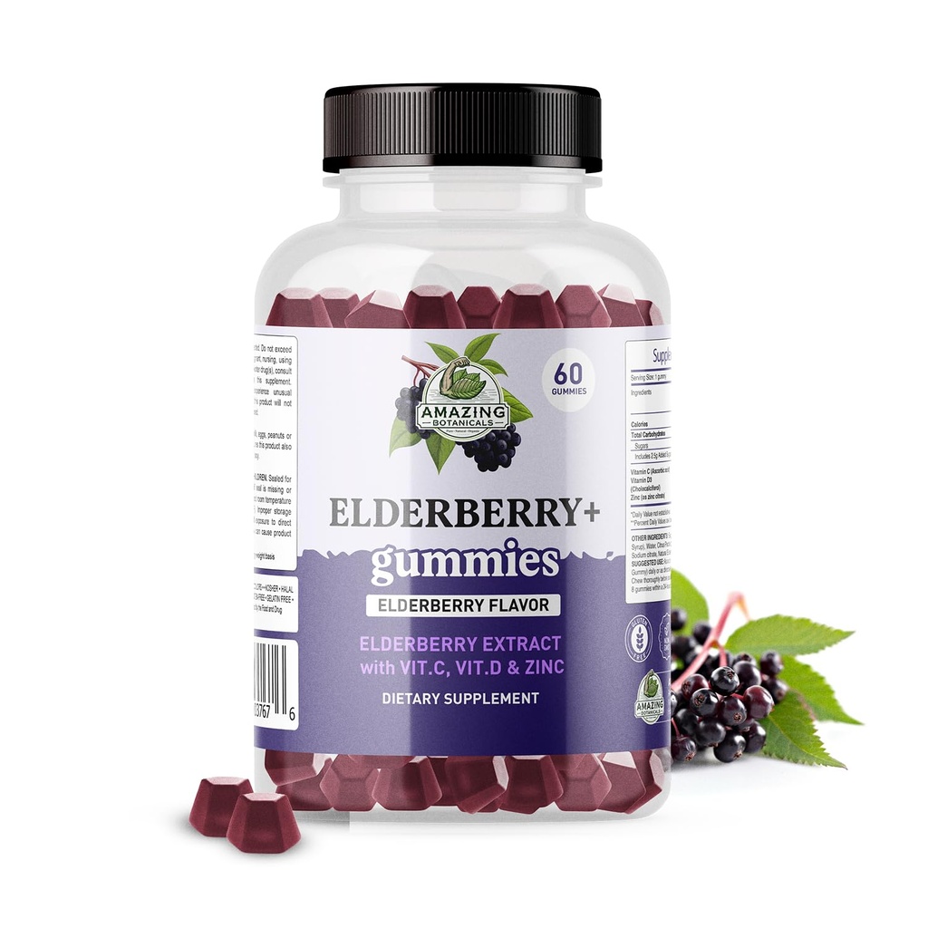 Elderberry+ Gummies – Elderberry Extract with Vitamin C, Vitamin D3 & Zinc – Sambucus Elderberry Immune Support – 60 Gummies – Vegan, Non-GMO, Gluten-Free – Elderberry Flavor Dietary Supplement