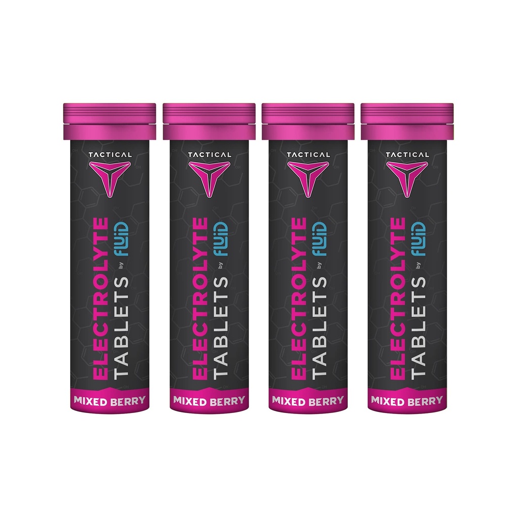 Fluid Tactical- Bruisende Hydration Tablets, Electrolyte Replacement & Dehydration Prevention, 4 Pack, 40 Servings (Mixed Berry)