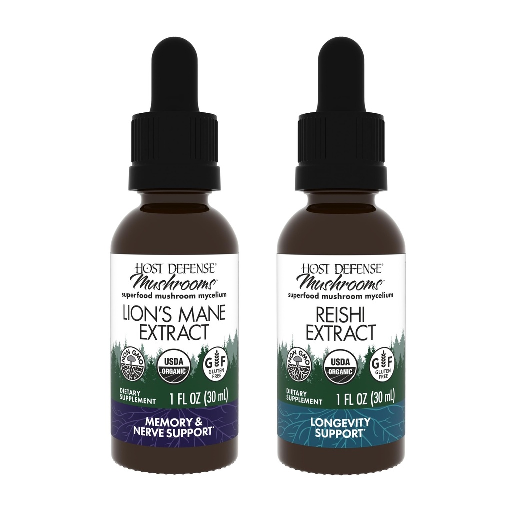Host Defense Bundle with Lion's Mane Extract, 1 fl oz & Reishi Extract, 1 fl oz - Support Brain Health, Memory & Focus - Support Heart & Immune Health